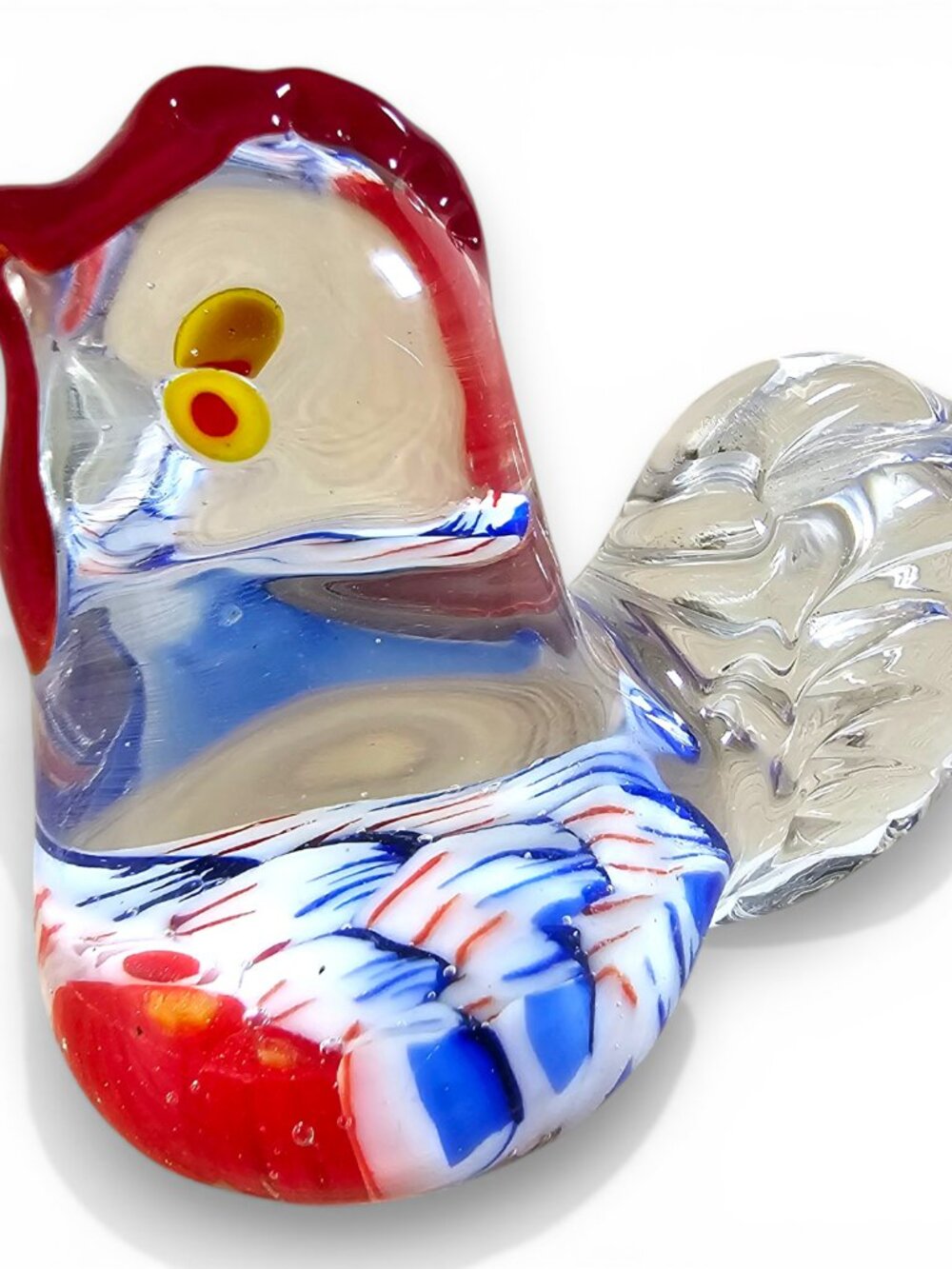 Glass Millefiori Rooster Paperweight Clear Red Blue Yellow Decorative 2"